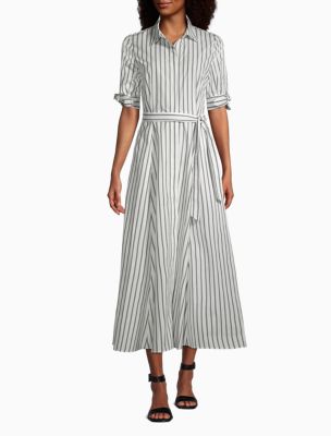 Striped Tie Sleeve Belted Maxi Shirt ...